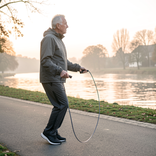 older man jumping rope by a river
