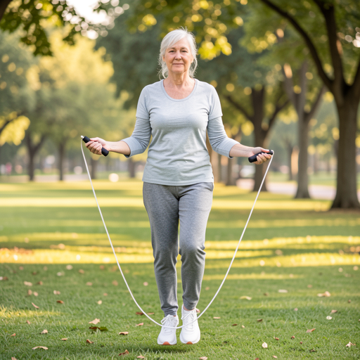 senior woman jumping rope in park