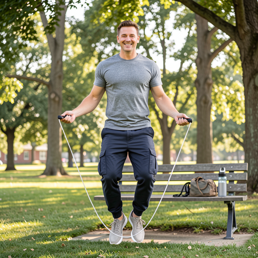 a smiling man jumping rope in a park